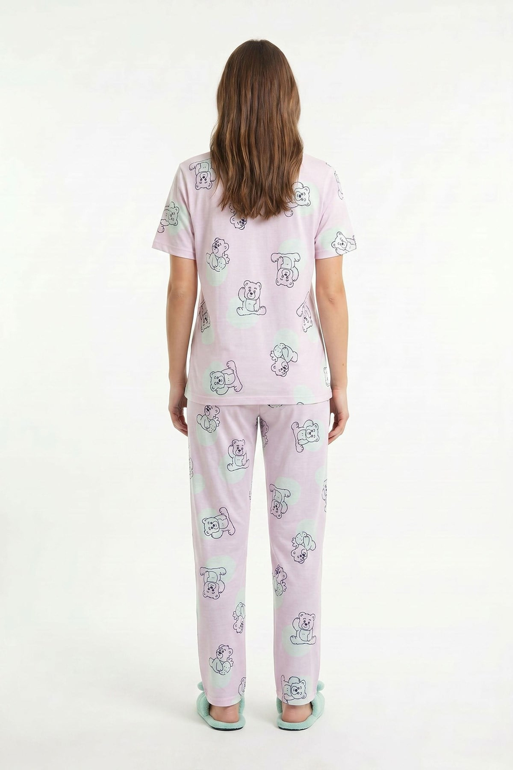 Kadın Bisiklet Yaka Yumuşak Dokulu Ayıcık Desenli Kısa Kol pijama Takım | Pembe 70132-4680