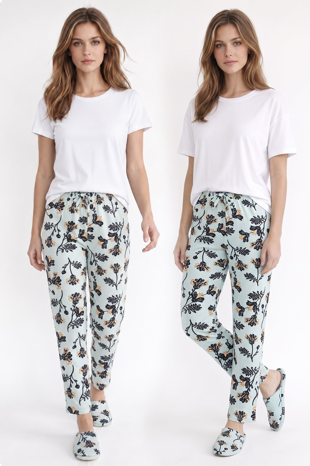Kadın Süet Mint Çiçek Desen Pijama Tek Alt