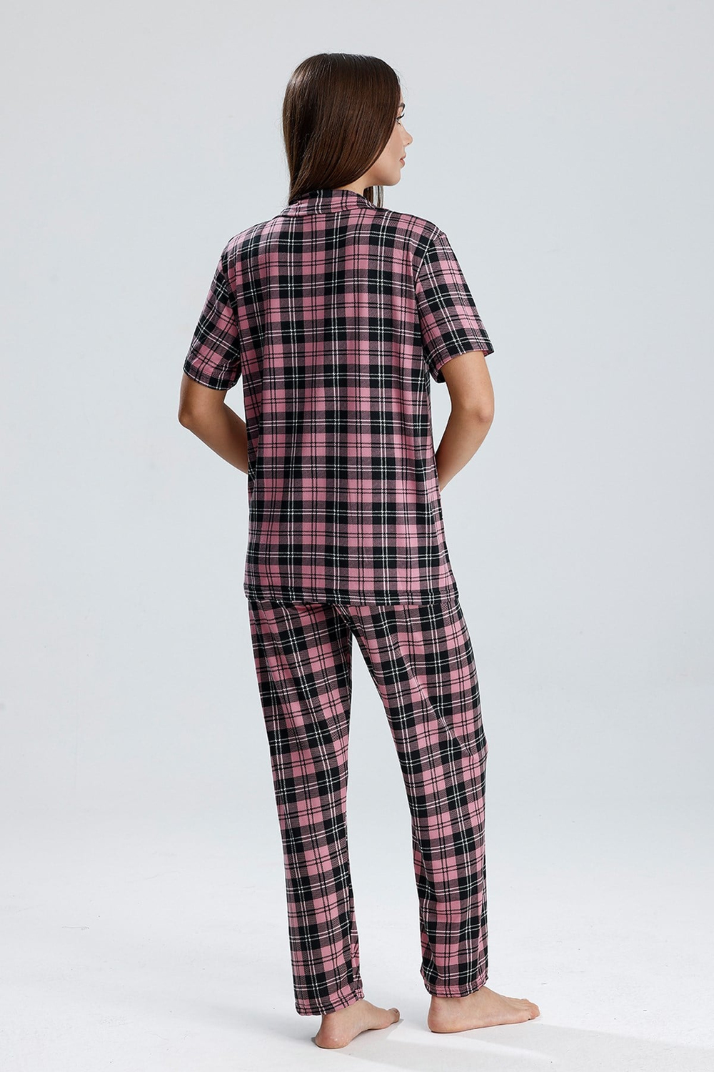 Kadın Önden Düğmeli Pijama Takım Ekose Pembe