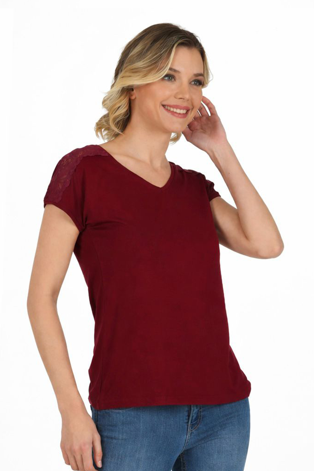Kadın Omuz Dantel Detaylı Örme Bluz | Bordo 25465