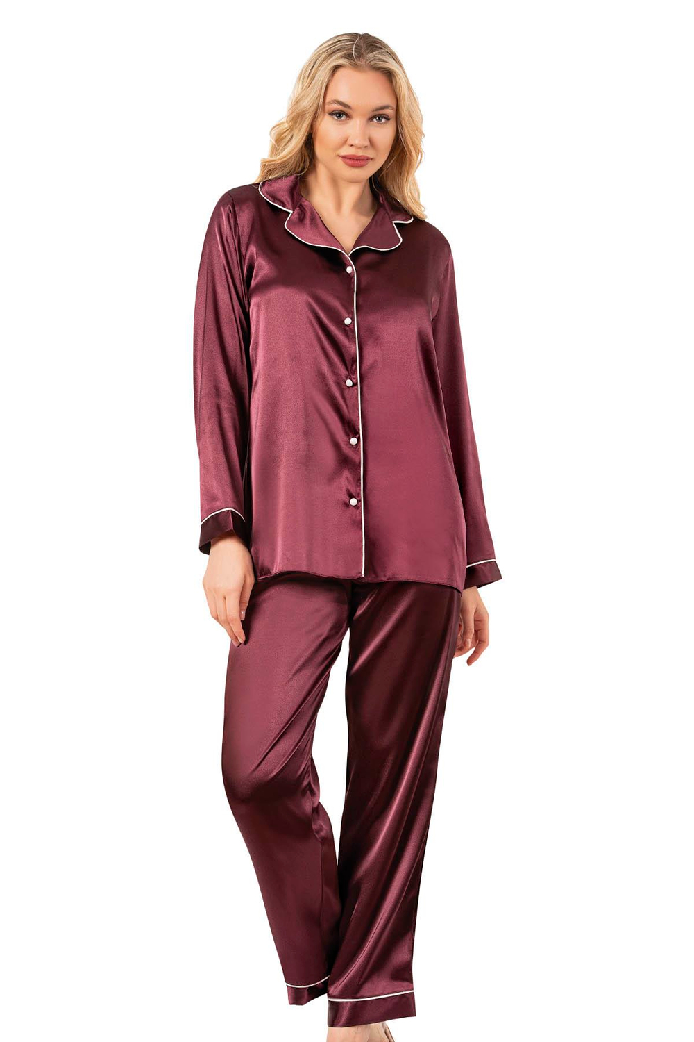 Biyeli Uzun Kol Saten Önden Düğmeli Pijama Takımı | Mürdüm 7647