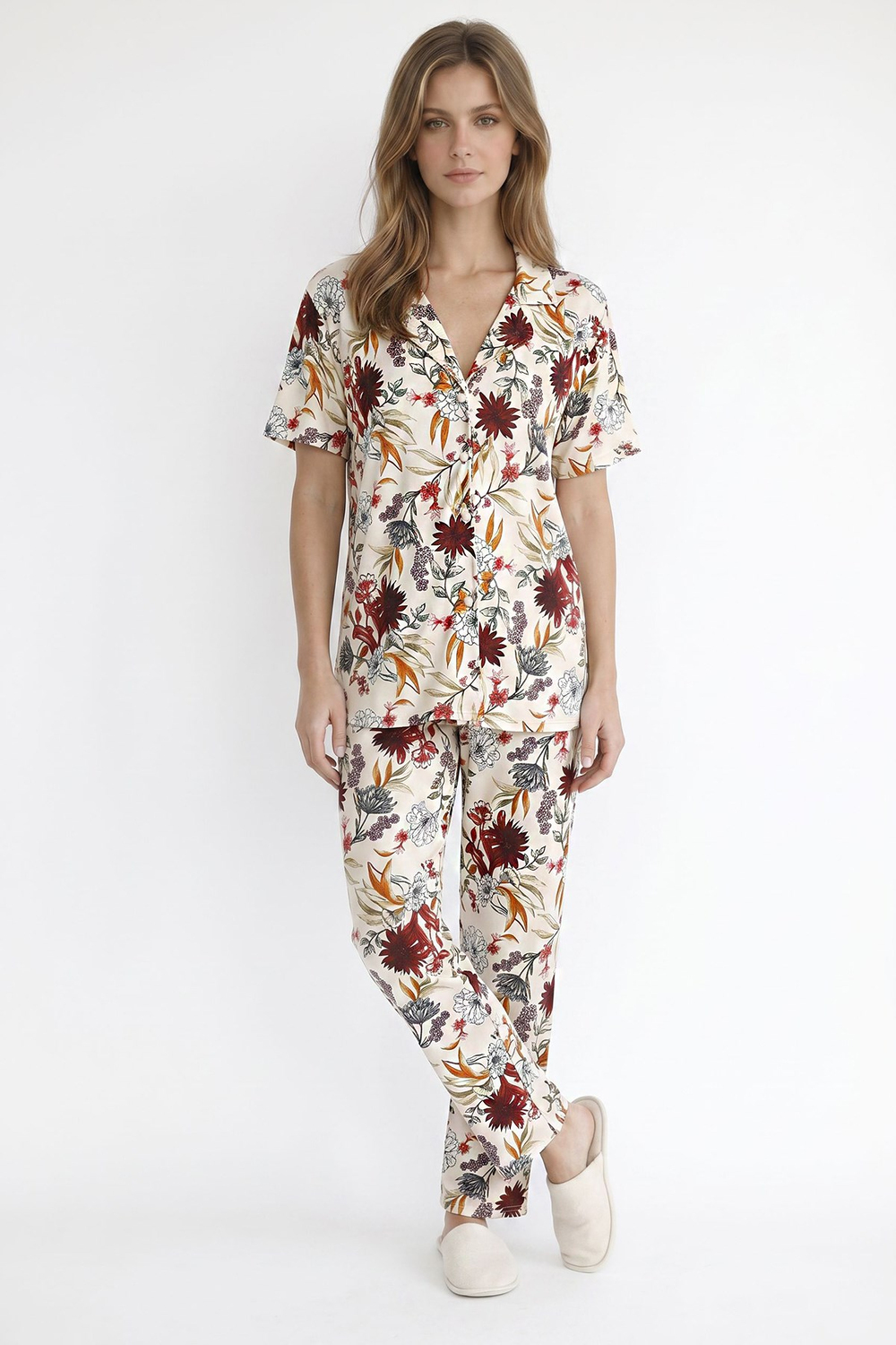 Kadın Düğmeli Şal Desen Kısa Kollu Pijama Takım