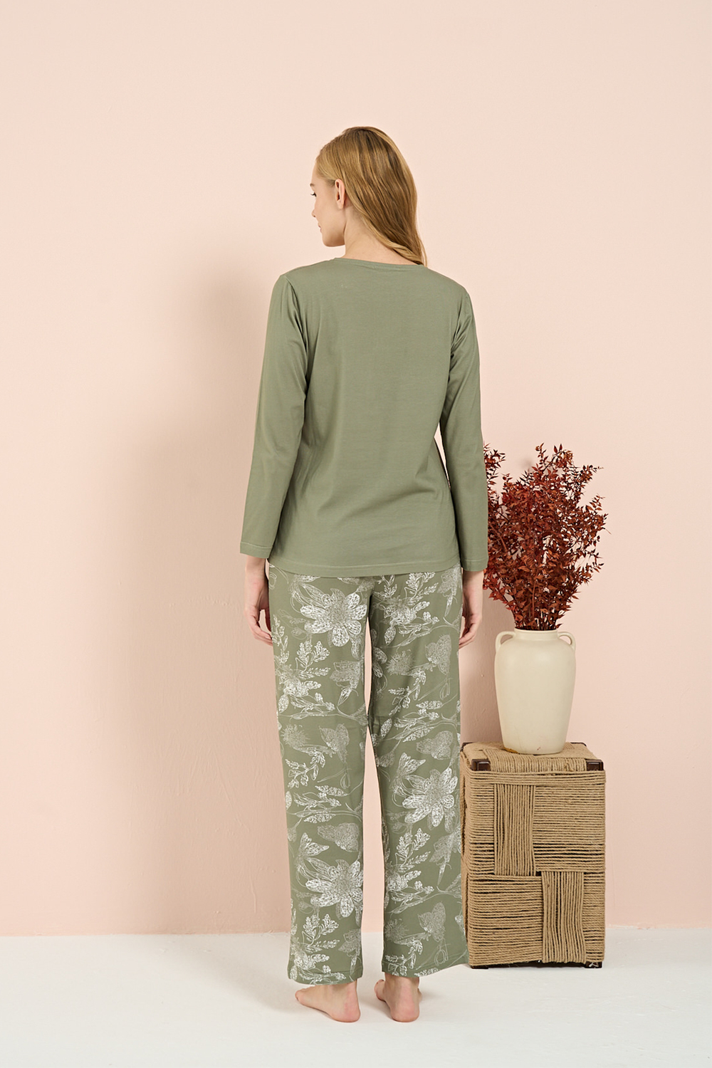 Kadın İnterlok Battal Önü Patlı Pijama Takım | Yeşil 3206