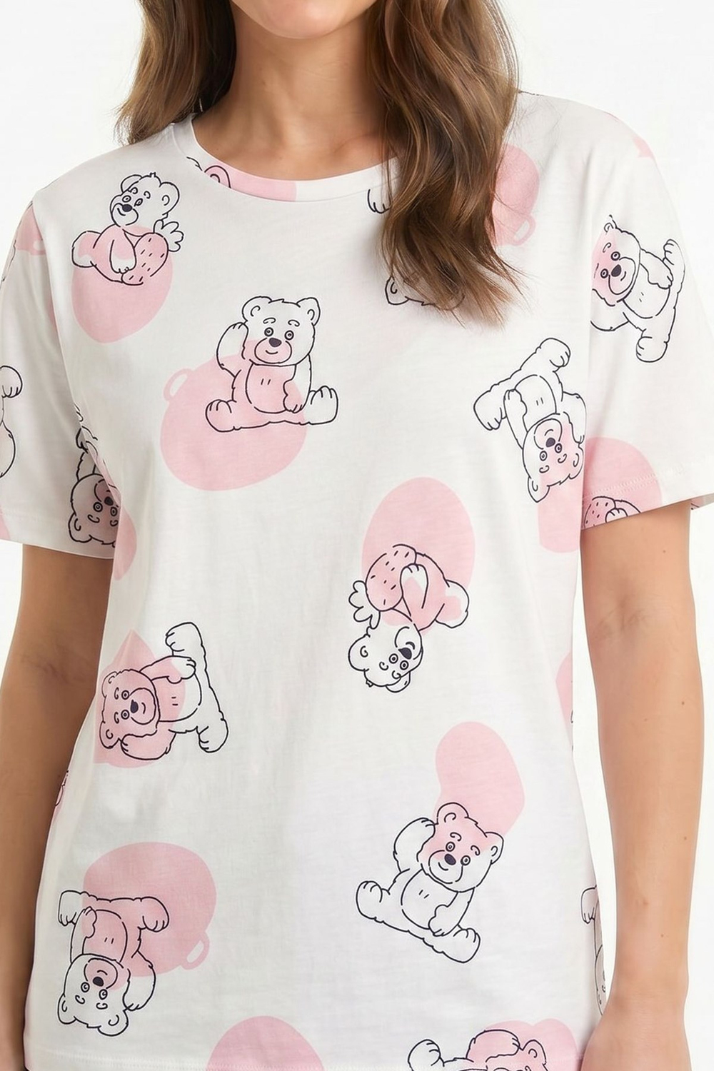 Kadın Bisiklet Yaka Yumuşak Dokulu Büyük Ayıcık Desenli Kısa Kol pijama Takım | Ekru 70132-3293