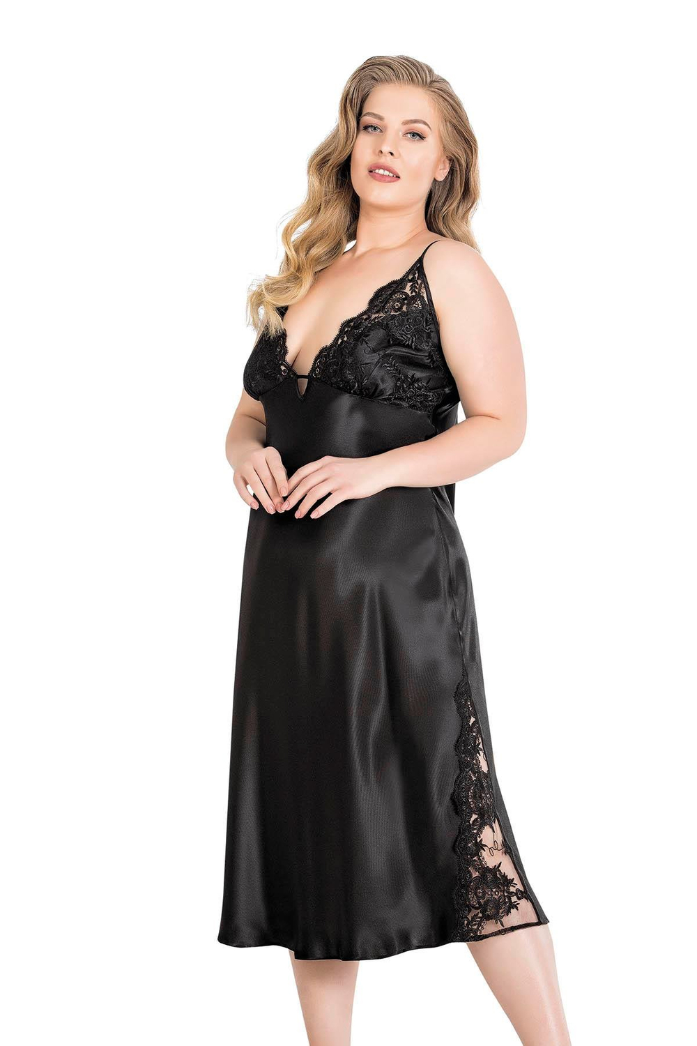 Büyük Beden Dantel Detaylı Uzun Gecelik Sabahlık Takım | Siyah 6173