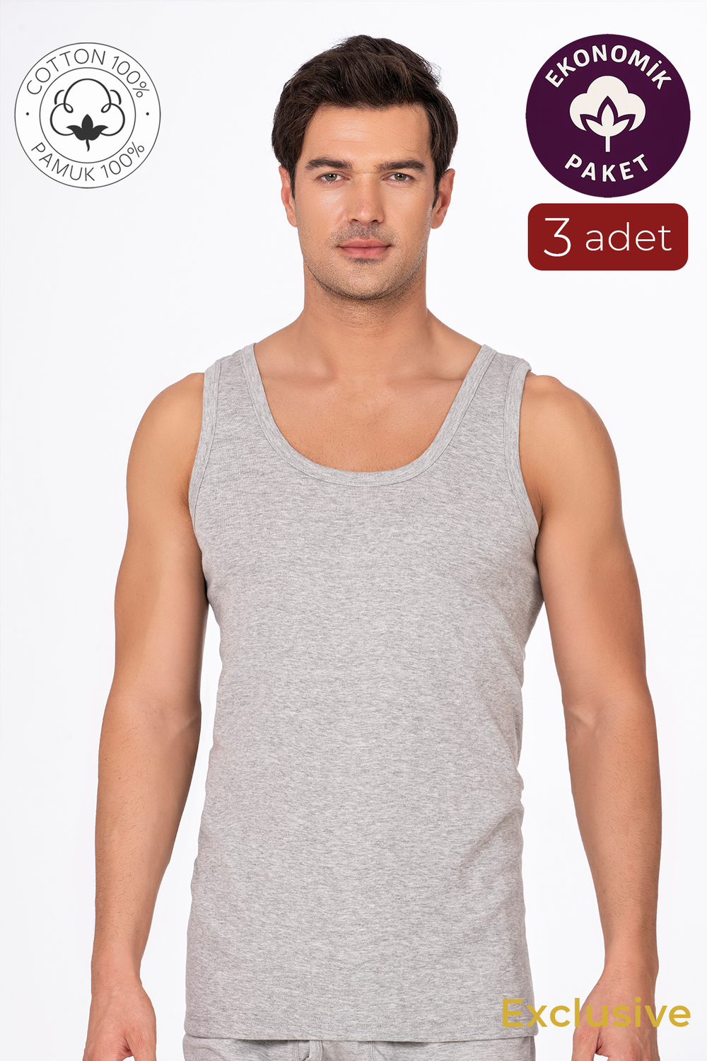 3lü Paket Pamuklu Süprem Kalın Askılı Klasik Erkek Atlet | Gri K0050