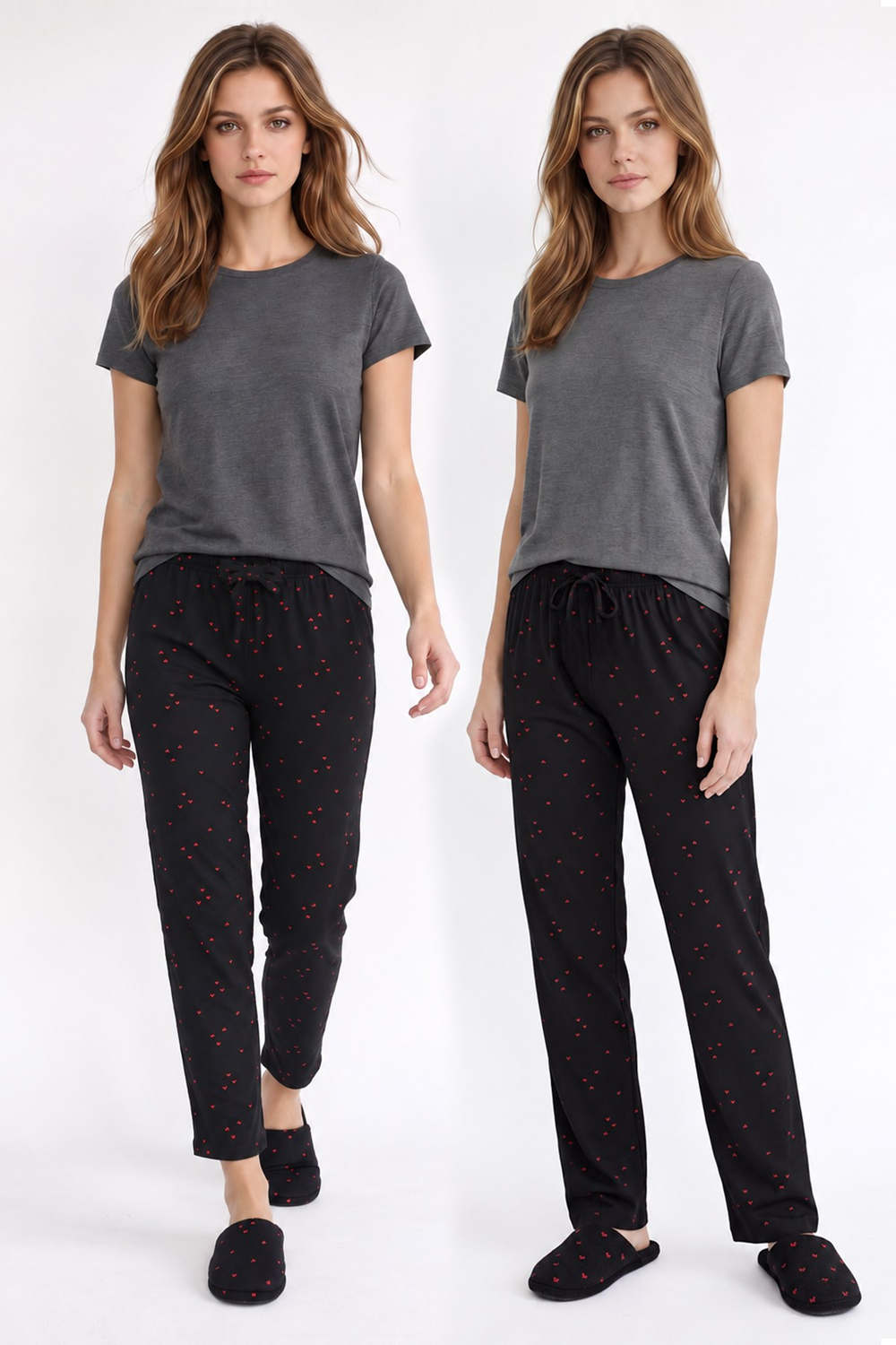 Kadın Süet Siyah Kalp Desen Pijama Tek Alt