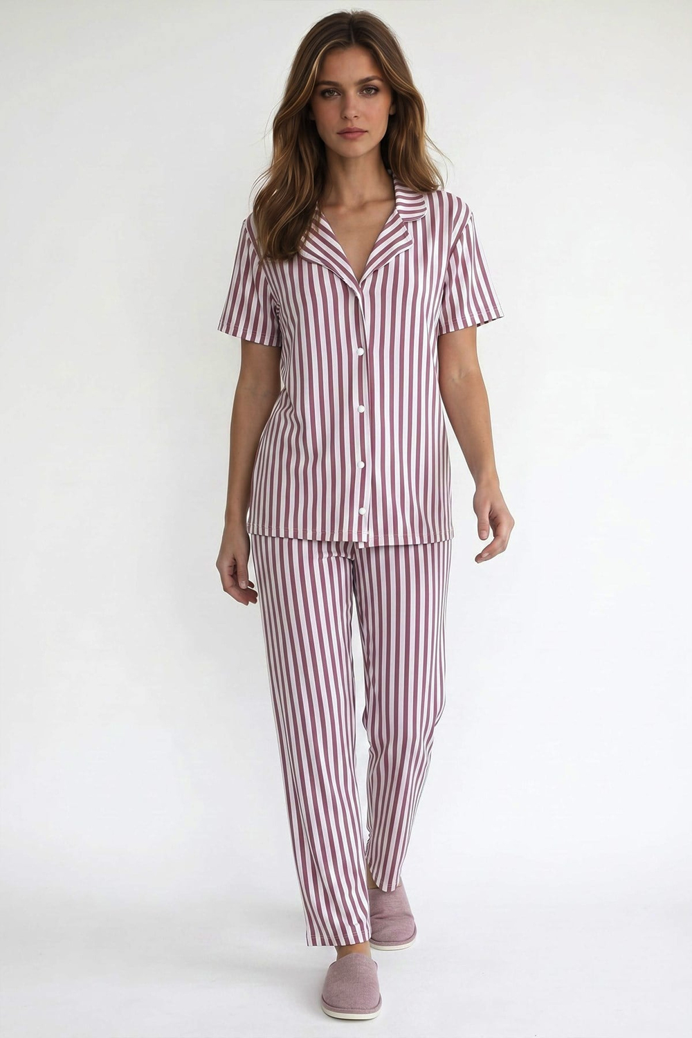 Kadın Düğmeli Dikey Çizgi Kısa Kollu  Pijama Takım | Mor 