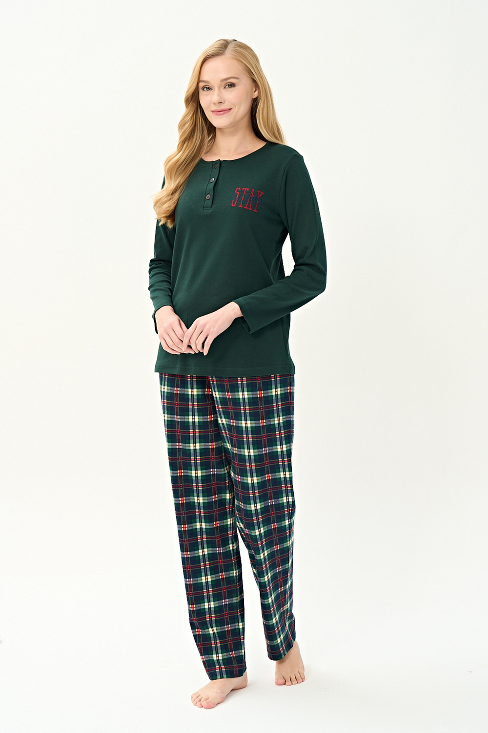 Kadın İnterlok Eşli Bisiklet Yaka Pijama Takım | Yeşil 3250