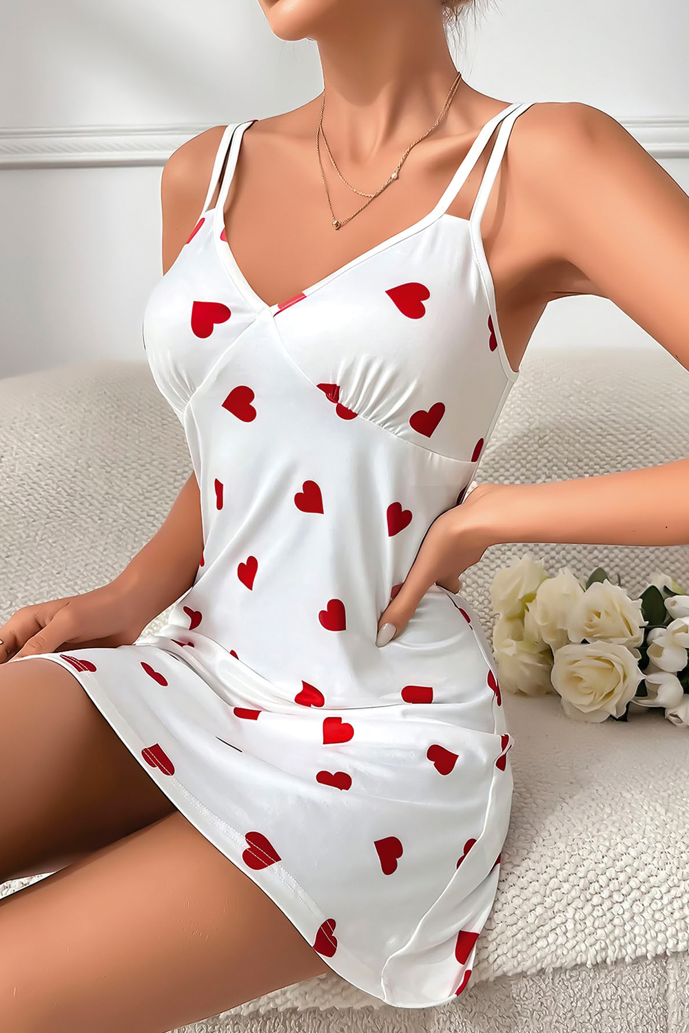Saten Kalp Desenli Çift Askı Fantezi Gecelik | Beyaz 3790