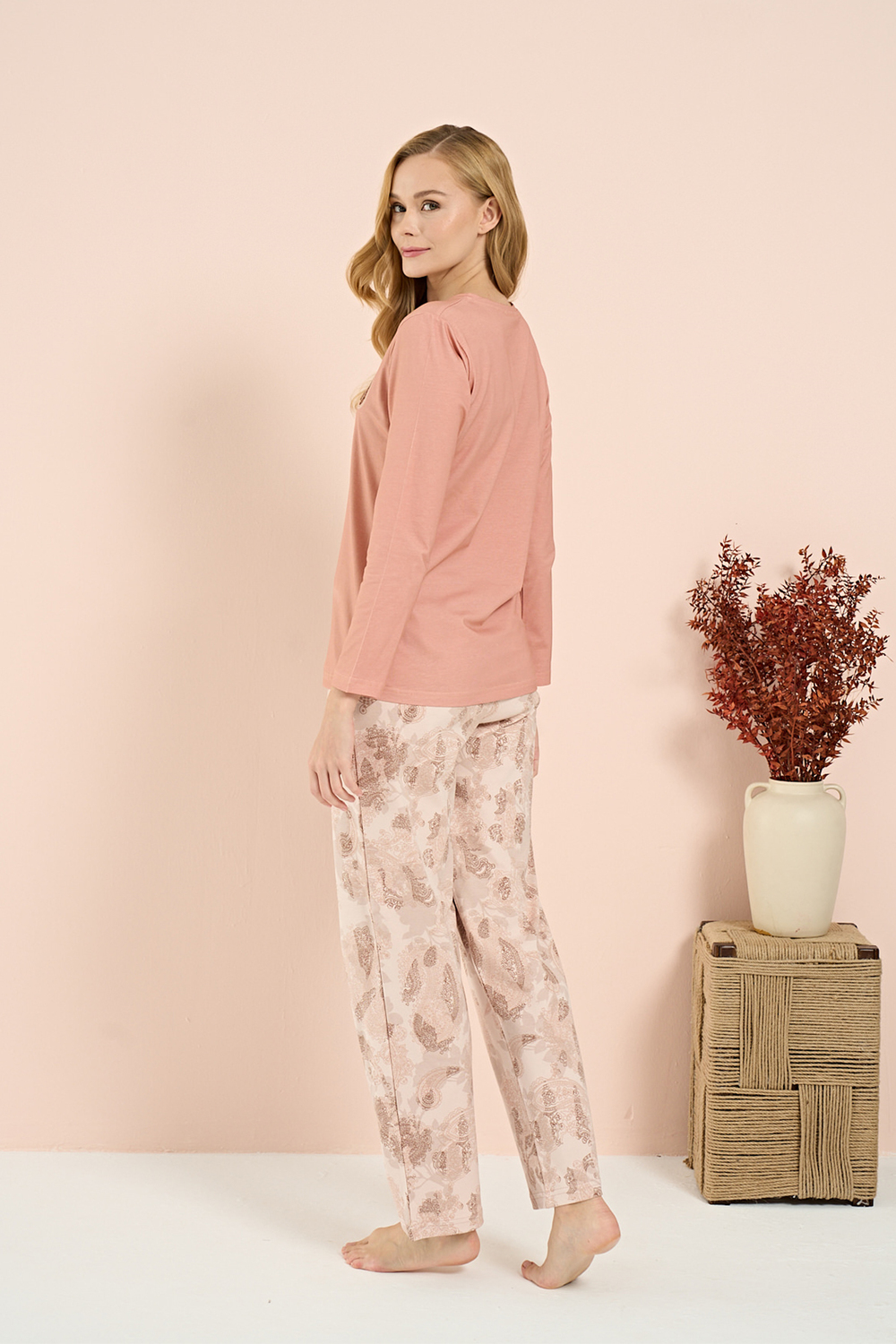 Kadın İnterlok Battal Önü Patlı Pijama Takım | Somon 3213