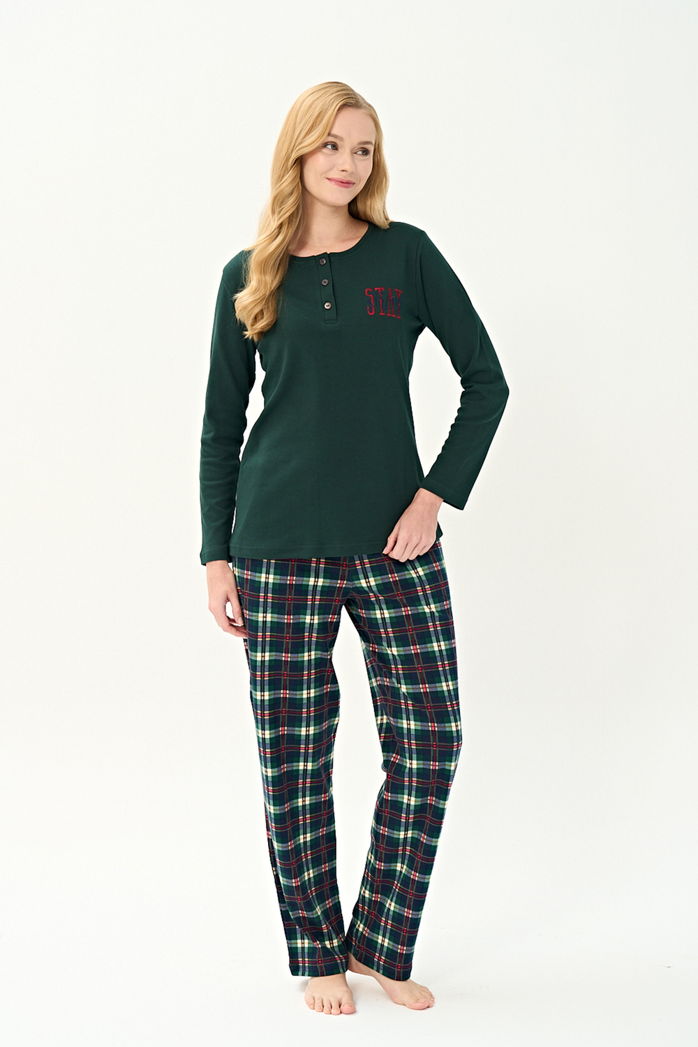 Kadın İnterlok Eşli Bisiklet Yaka Pijama Takım | Yeşil 3250