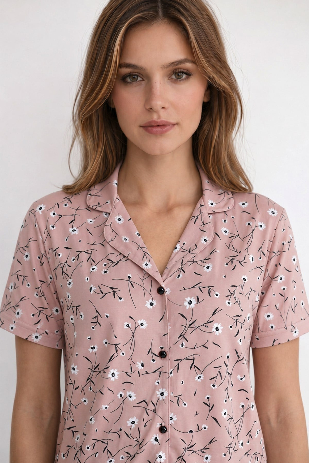 Kadın Düğmeli Floral Desen Kısa Kollu Pijama Takım | Pembe