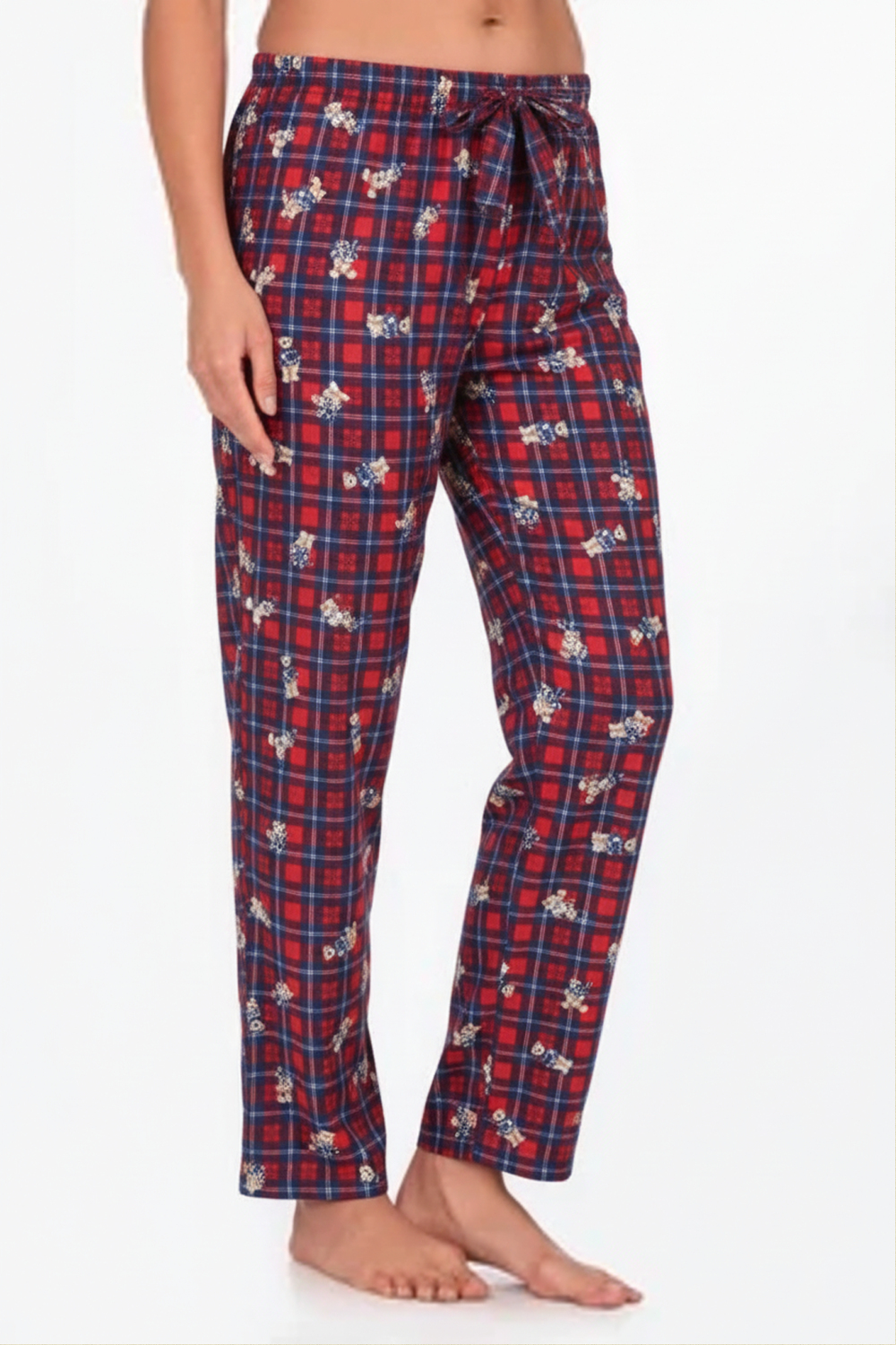 Kadın Süet Ekoseli Ayıcık Desen Pijama Tek Alt