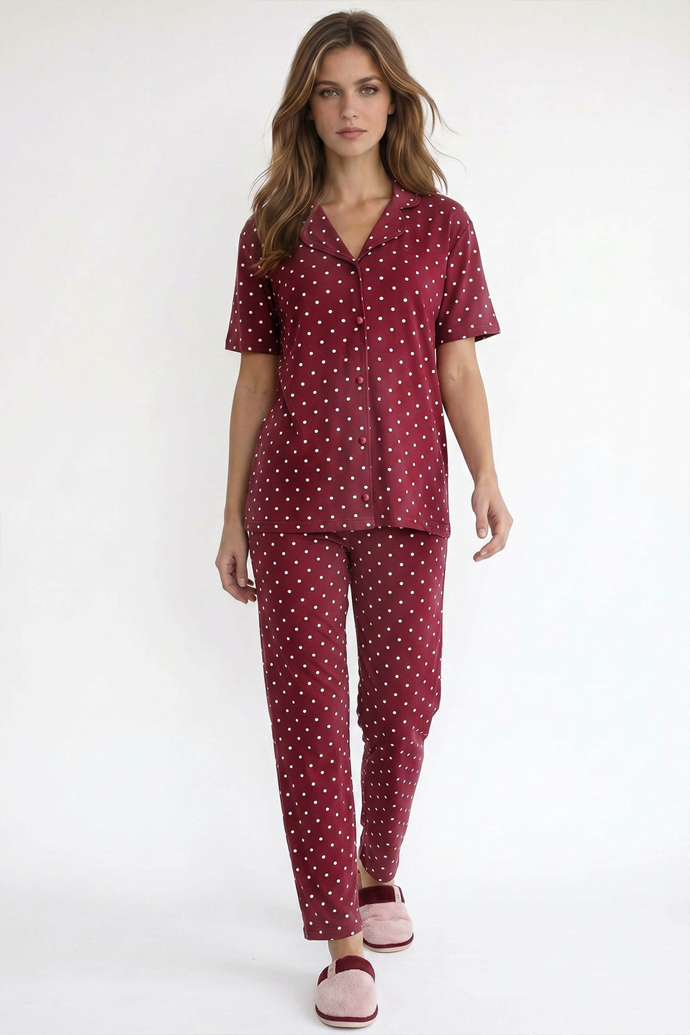 Kadın Düğmeli Puantiye Desen Kısa Kollu Pijama Takım | Mürdüm