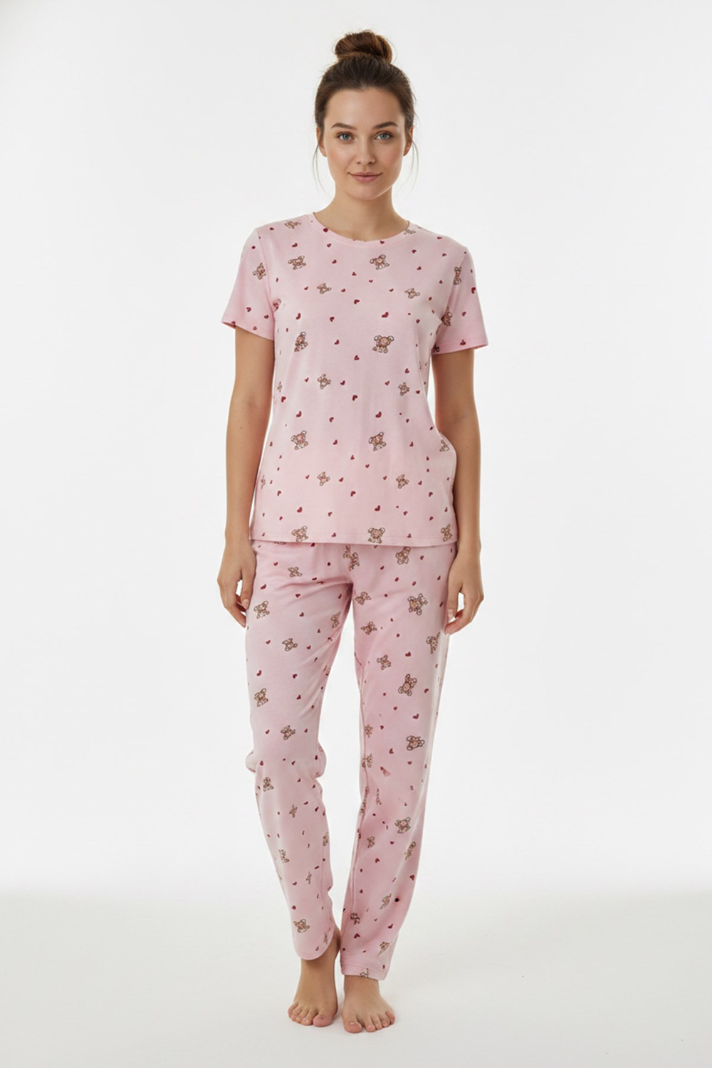 Kadın Bisiklet Yaka Yumuşak Dokulu Ayıcık Desenli Kısa Kol pijama Takım | Pembe 70132-4603
