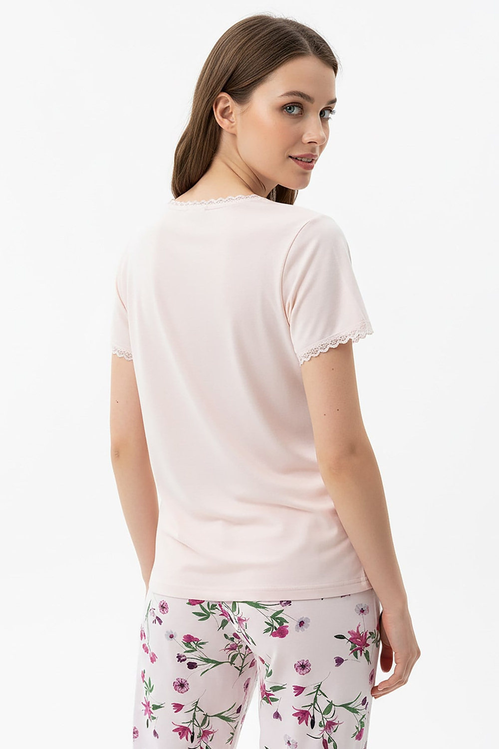 Kadın % 100 Ring Viskon V Yaka Altı Desenli Kısa Kol Pijama Takımı | Pembe 40113-4119