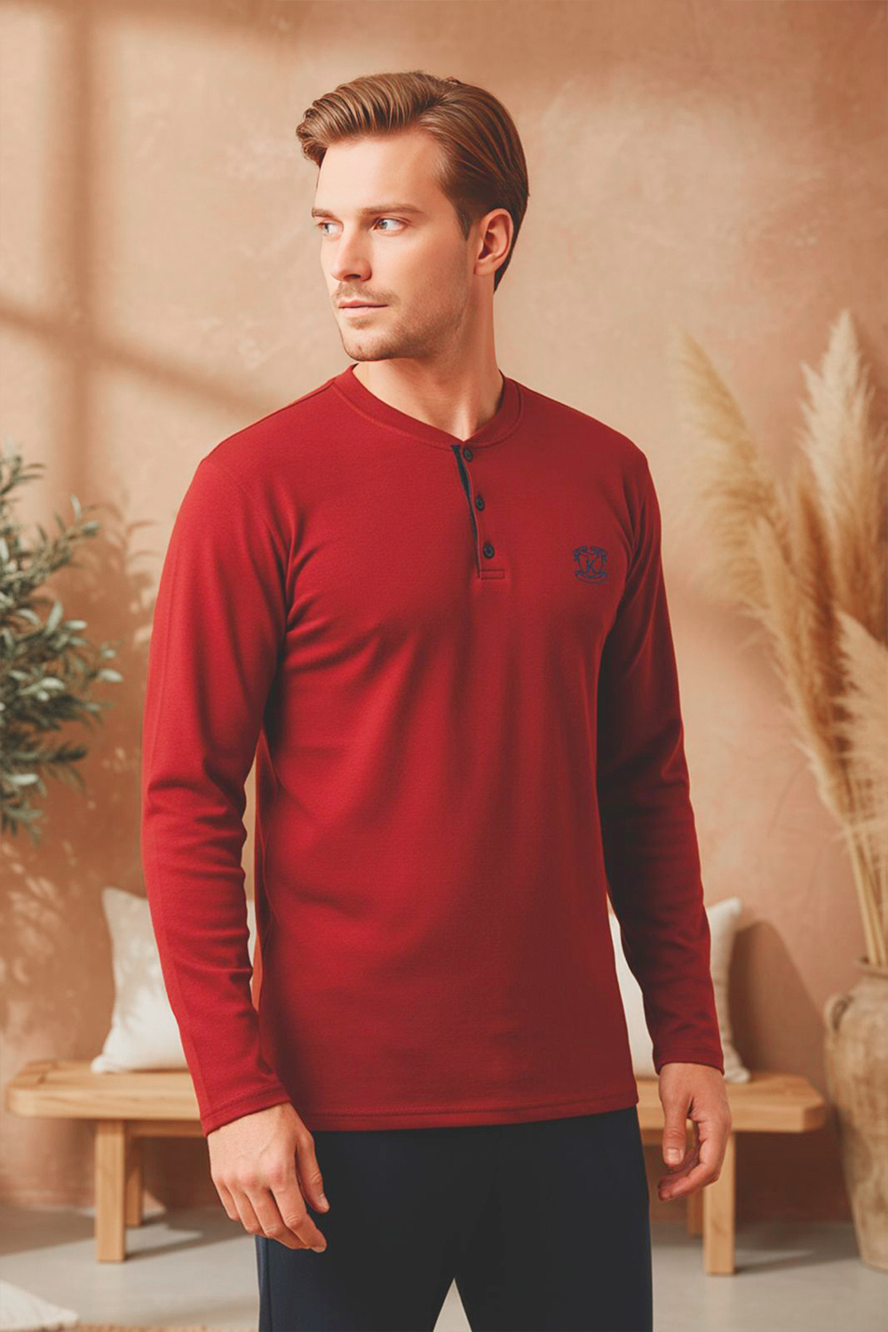 Erkek Uzun Kollu 4 Mevsim Penye Süprem Önü Patlı Pijama Takımı | Bordo 800