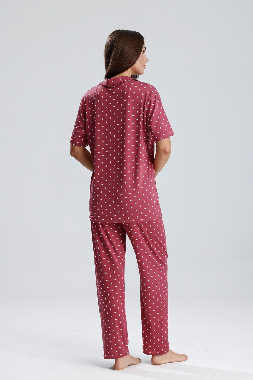 Kadın Düğmeli Puantiye Desen Kısa Kollu Pijama Takım | Mürdüm