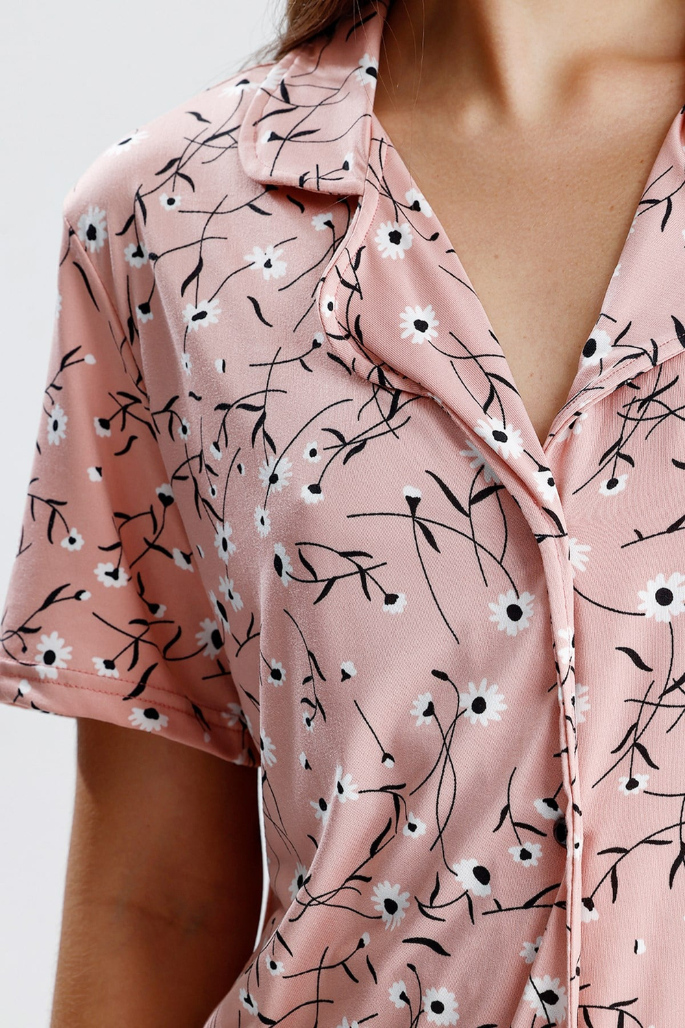 Kadın Düğmeli Floral Desen Kısa Kollu Pijama Takım | Pembe