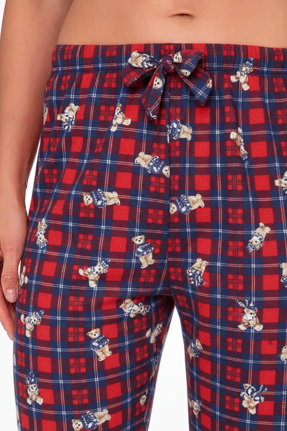 Kadın Süet Ekoseli Ayıcık Desen Pijama Tek Alt