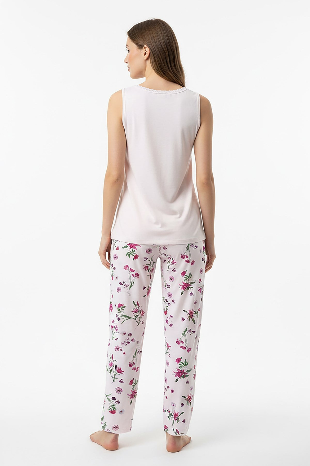 Kadın % 100 Ring Viskon V Yaka Altı Desenli Kalın Askılı Pijama Takımı | Somon 40108-4768