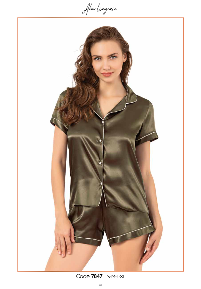 Kadın Saten Biyeli Kısa Kol Şortlu Pijama Takım | Haki 7847