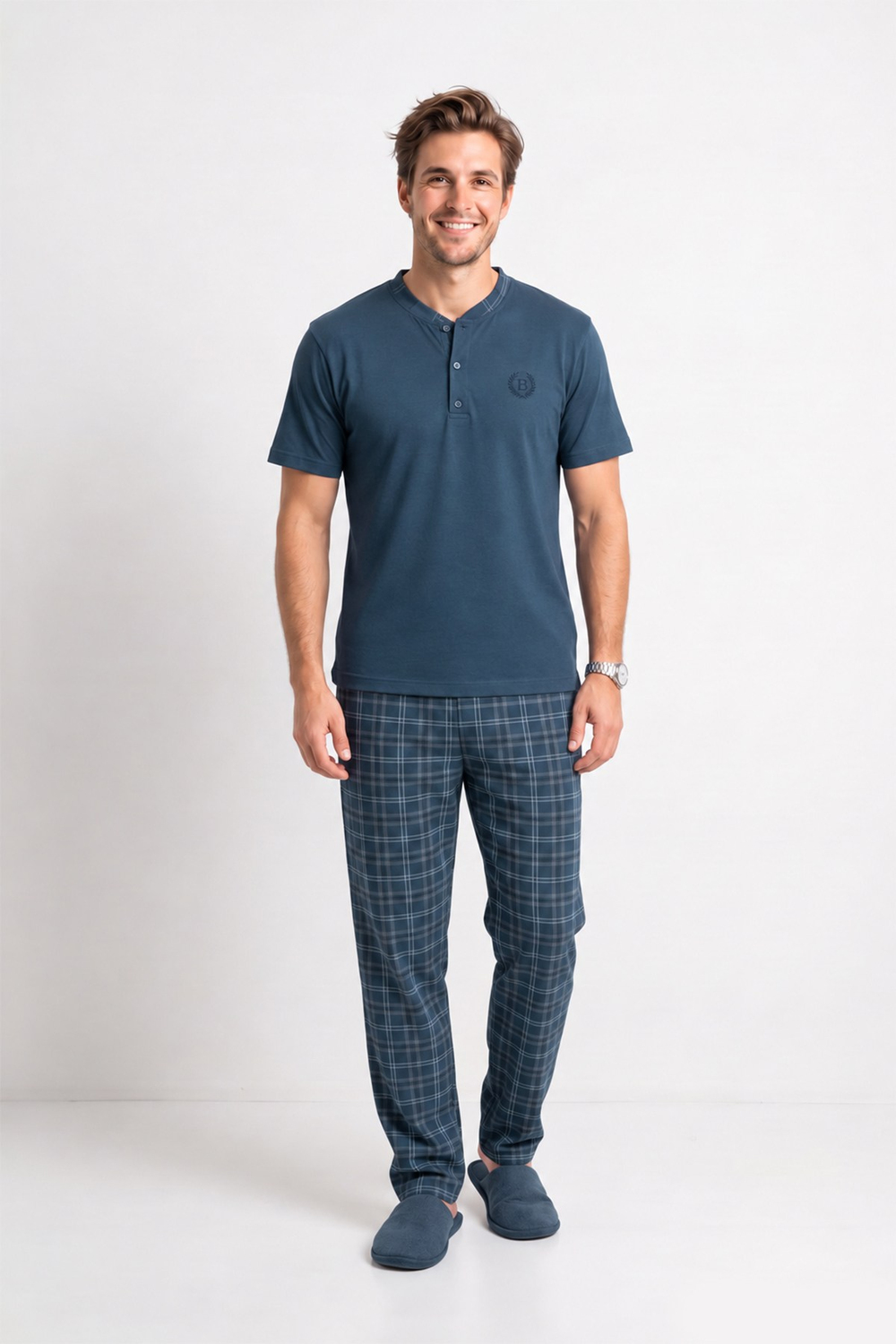 Erkek Genç %100 Pamuk Önü Patlı Pijama Takımı | Füme 619