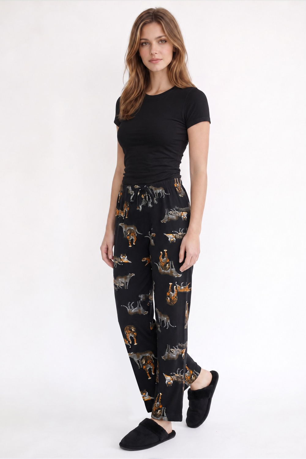 Kadın Süet Siyah Kaplan Desen Pijama Tek Alt