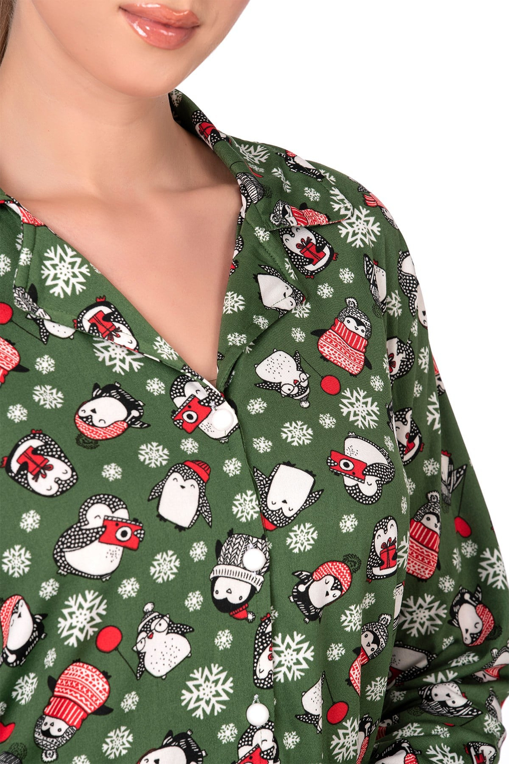 Lizbon Kumaş İçi Şardonlu Yeşil Kış Desenli Önden Düğmeli Kadın Pijama Takımı