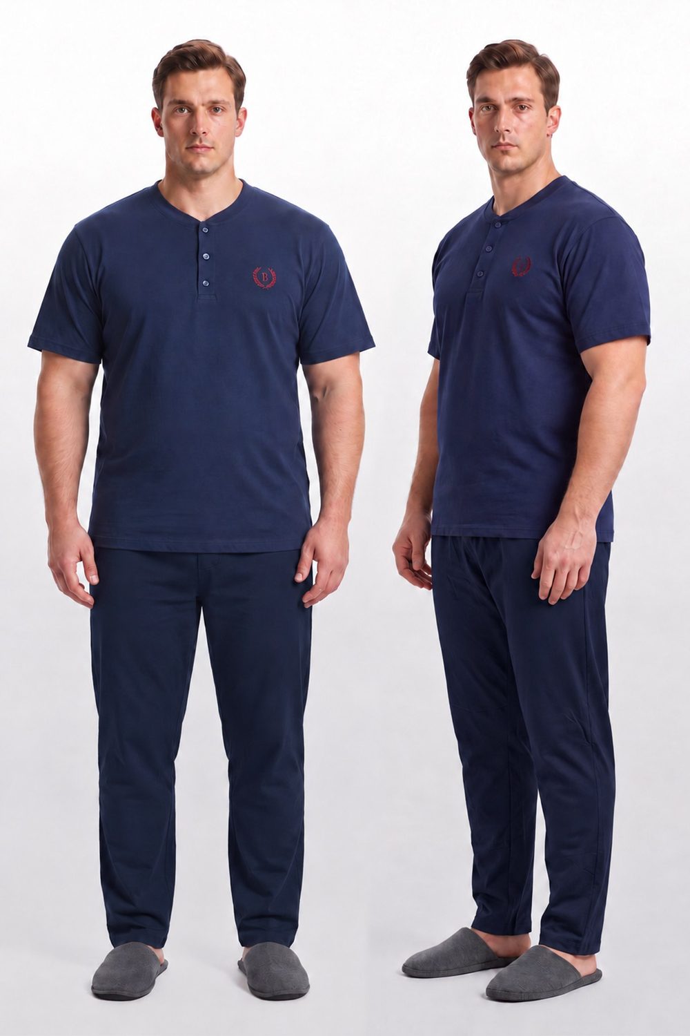 Erkek Battal Beden %100 Pamuk Önü Patlı Pijama Takımı | Lacivert 617