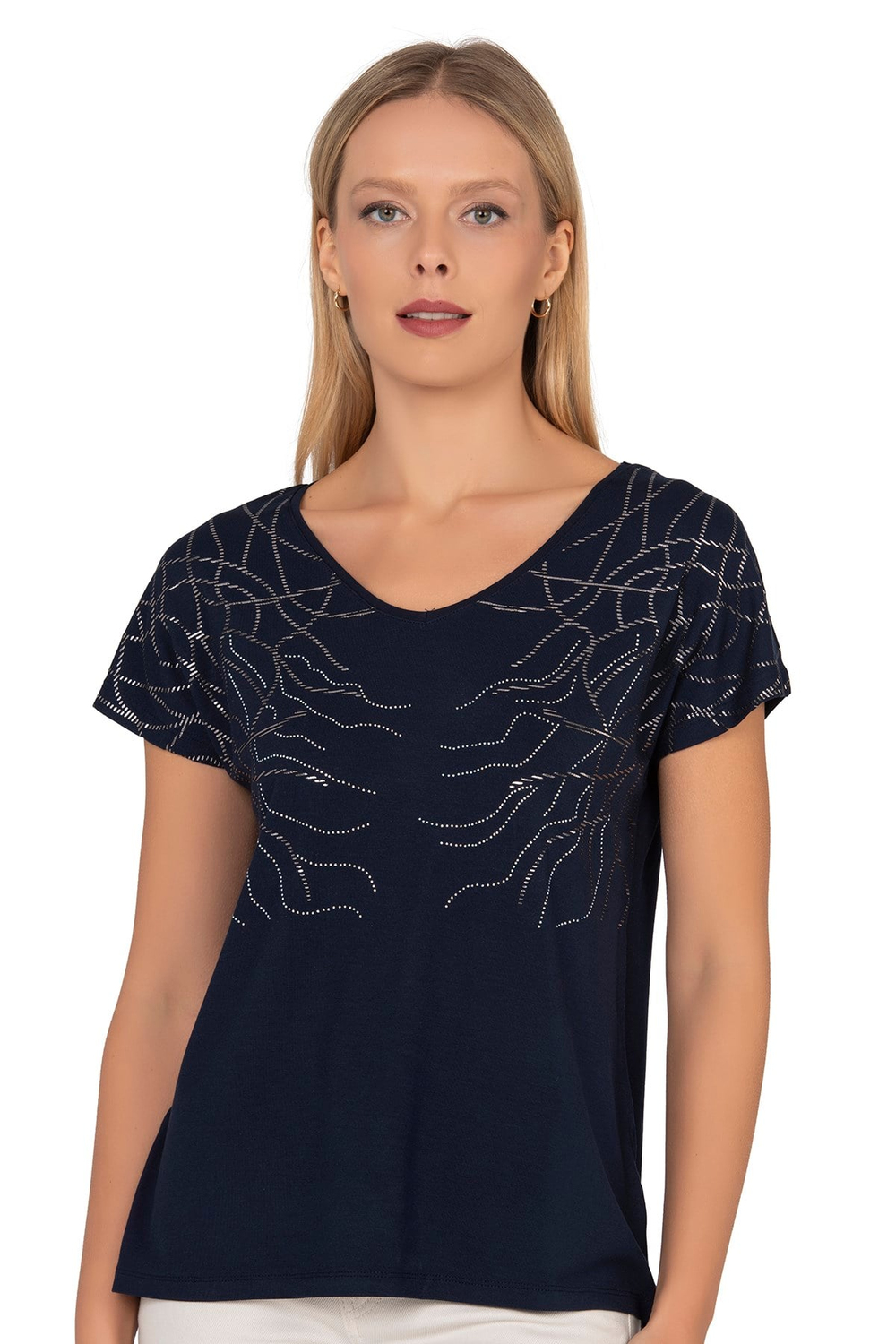 Kadın Kısa Kol Taş Süslemeli Viskon Bluz | Lacivert 25908