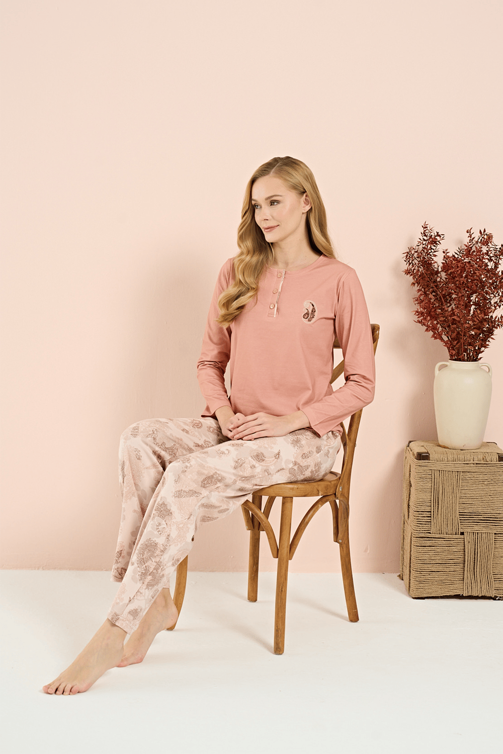 Kadın İnterlok Battal Önü Patlı Pijama Takım | Somon 3213