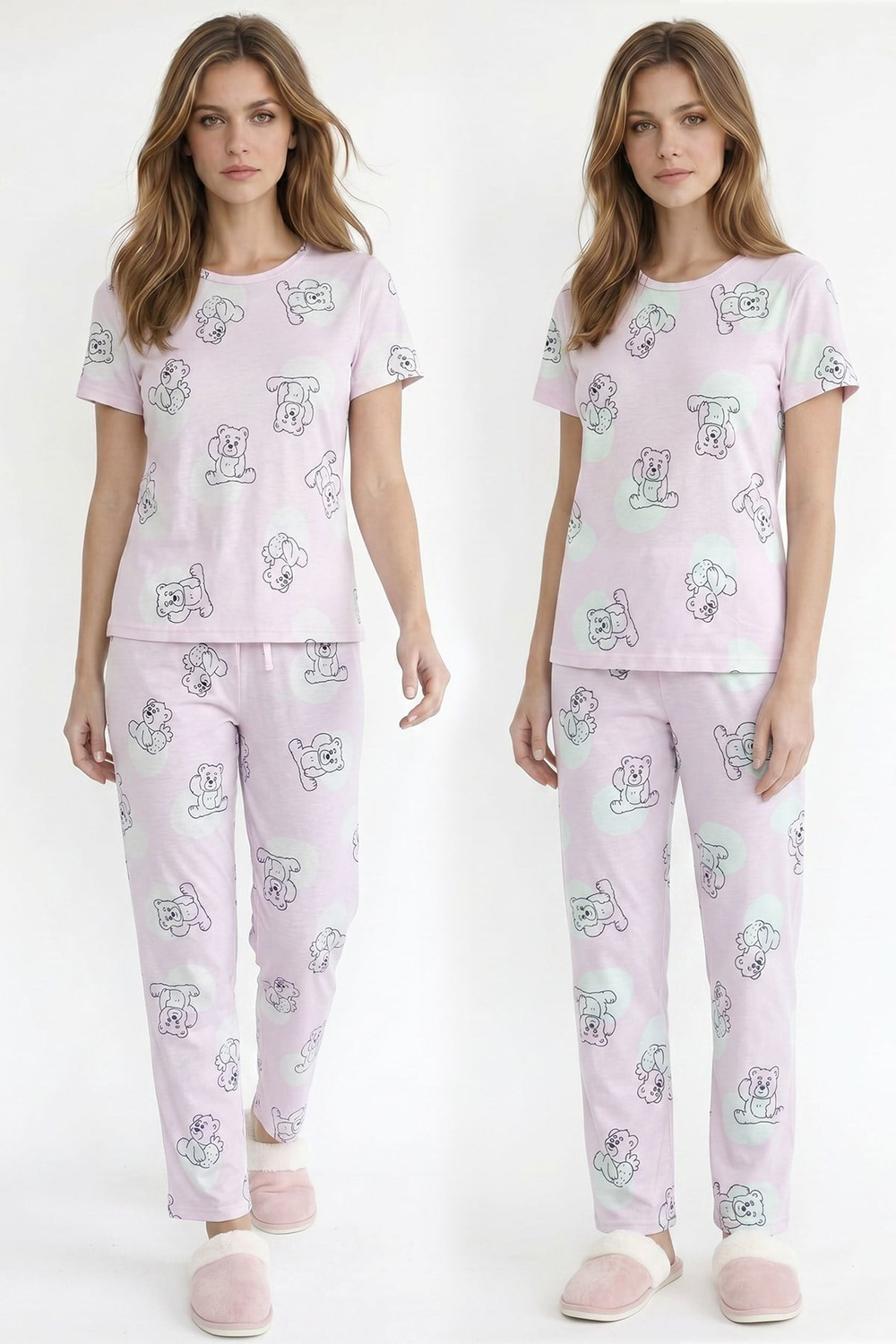 Kadın Bisiklet Yaka Yumuşak Dokulu Ayıcık Desenli Kısa Kol pijama Takım | Pembe 70132-4680