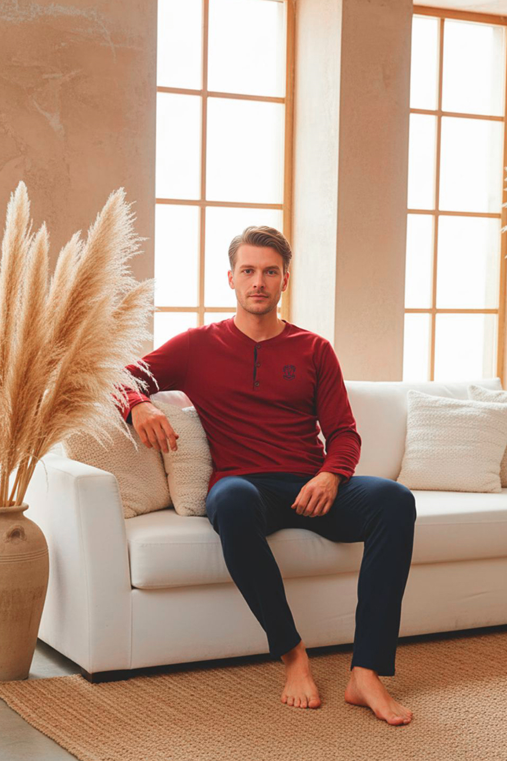 Erkek Uzun Kollu 4 Mevsim Penye Süprem Önü Patlı Pijama Takımı | Bordo 800