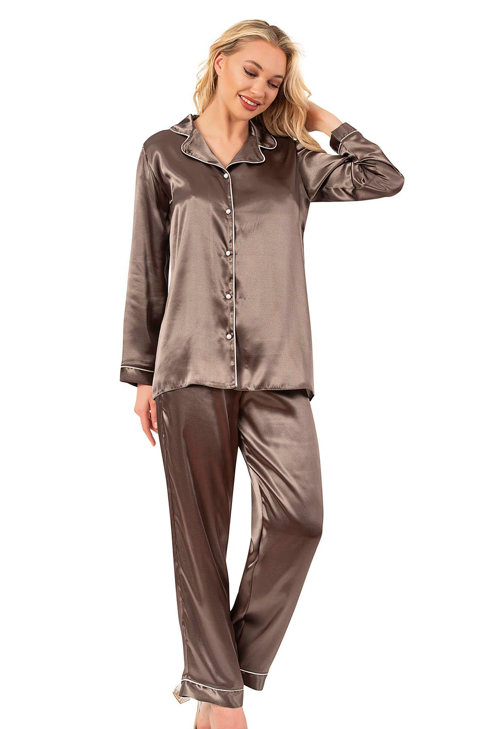 Biyeli Uzun Kol Saten Önden Düğmeli Pijama Takımı | Haki 7647