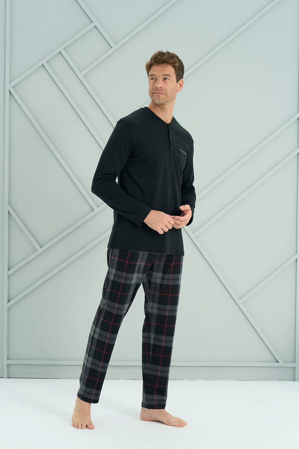 Erkek İnterlok Genç Önü Patlı Pijama Takım | Siyah 2233