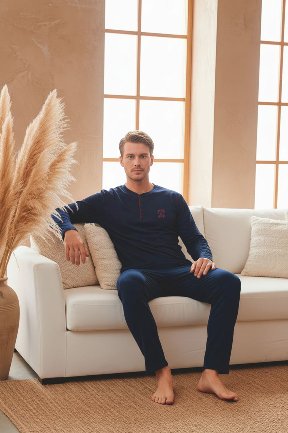 Erkek Uzun Kollu 4 Mevsim Penye Süprem Önü Patlı Pijama Takımı | Lacivert 802