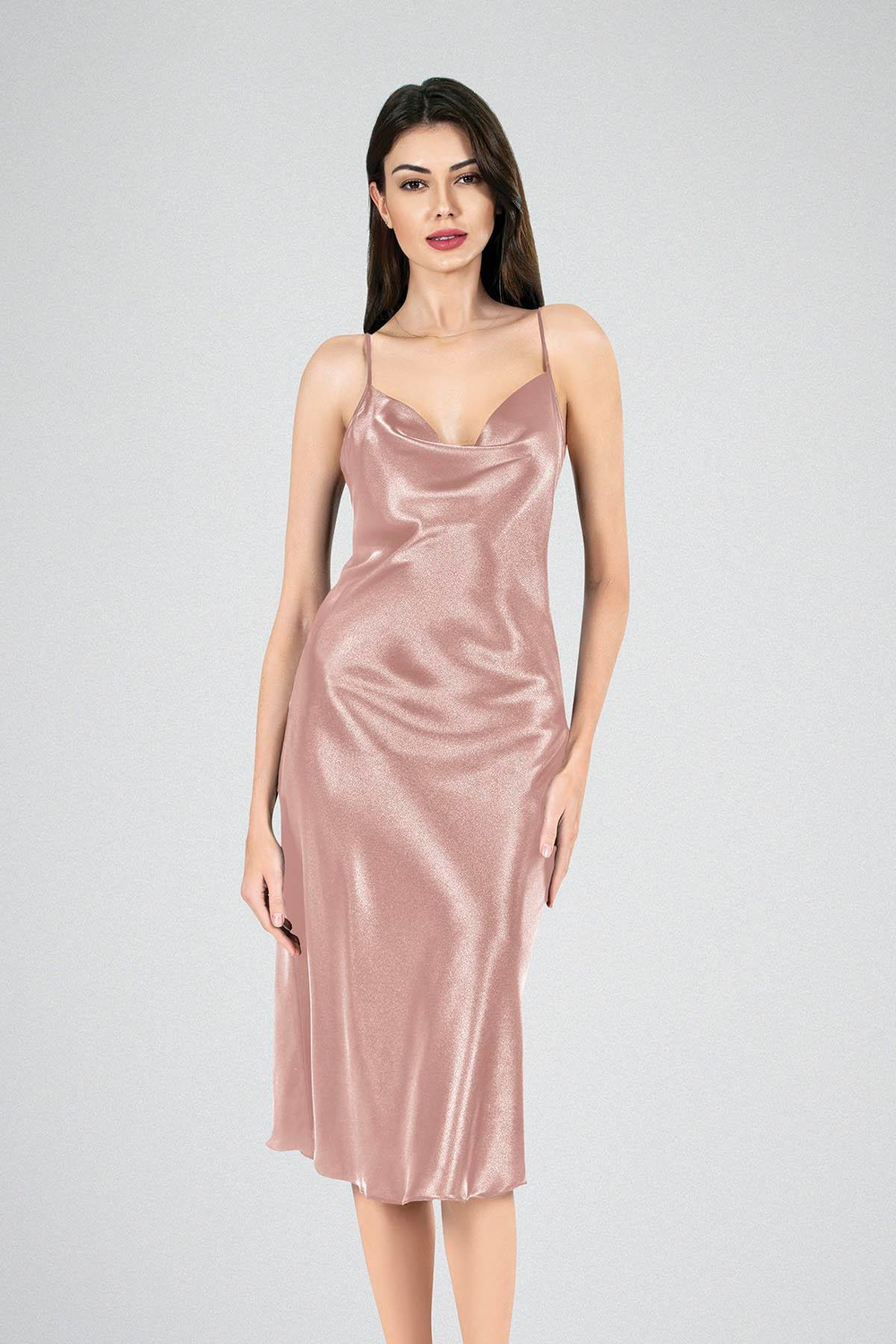 Degaje Yaka Saten Uzun Gecelik | Vizon 7741