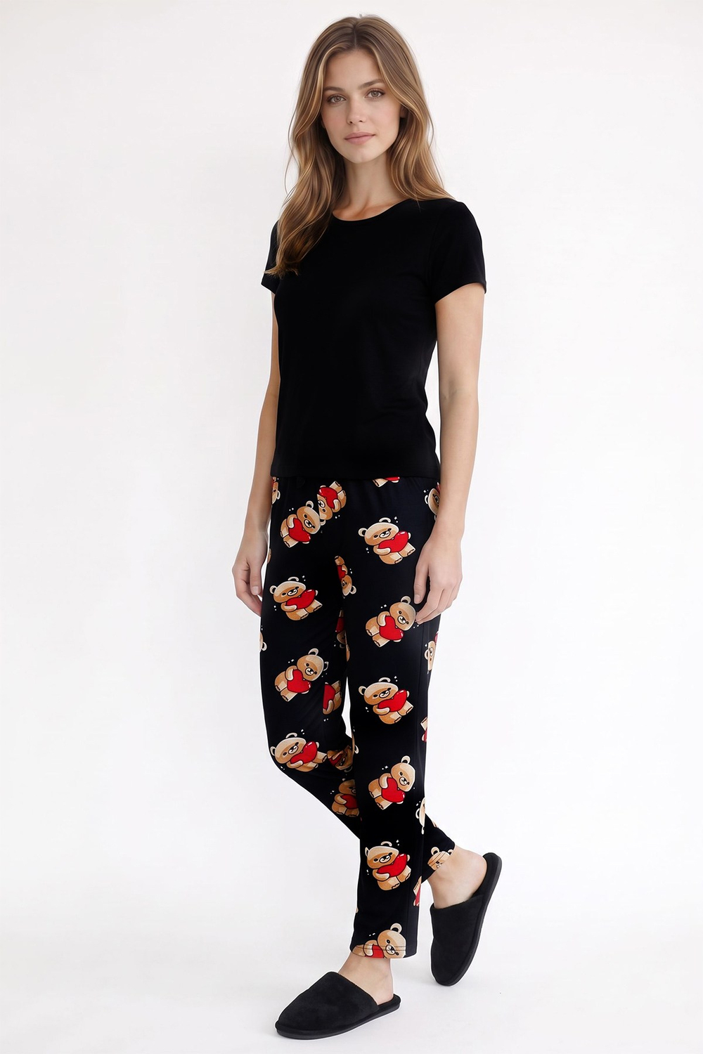 Kadın Süet Kalpli Büyük Ayıcık Desen Pijama Tek Alt