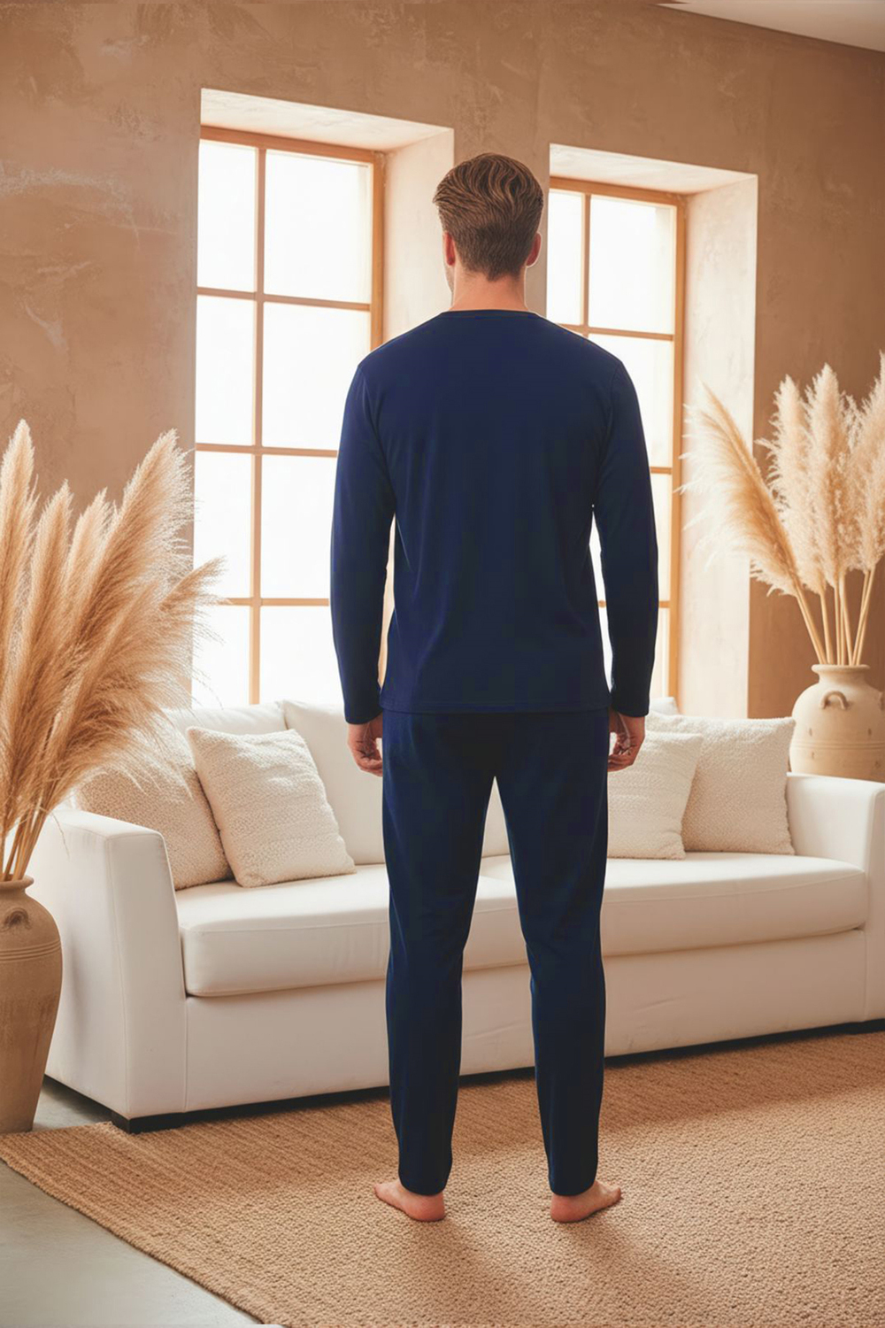 Erkek Uzun Kollu 4 Mevsim Penye Süprem Önü Patlı Pijama Takımı | Lacivert 802