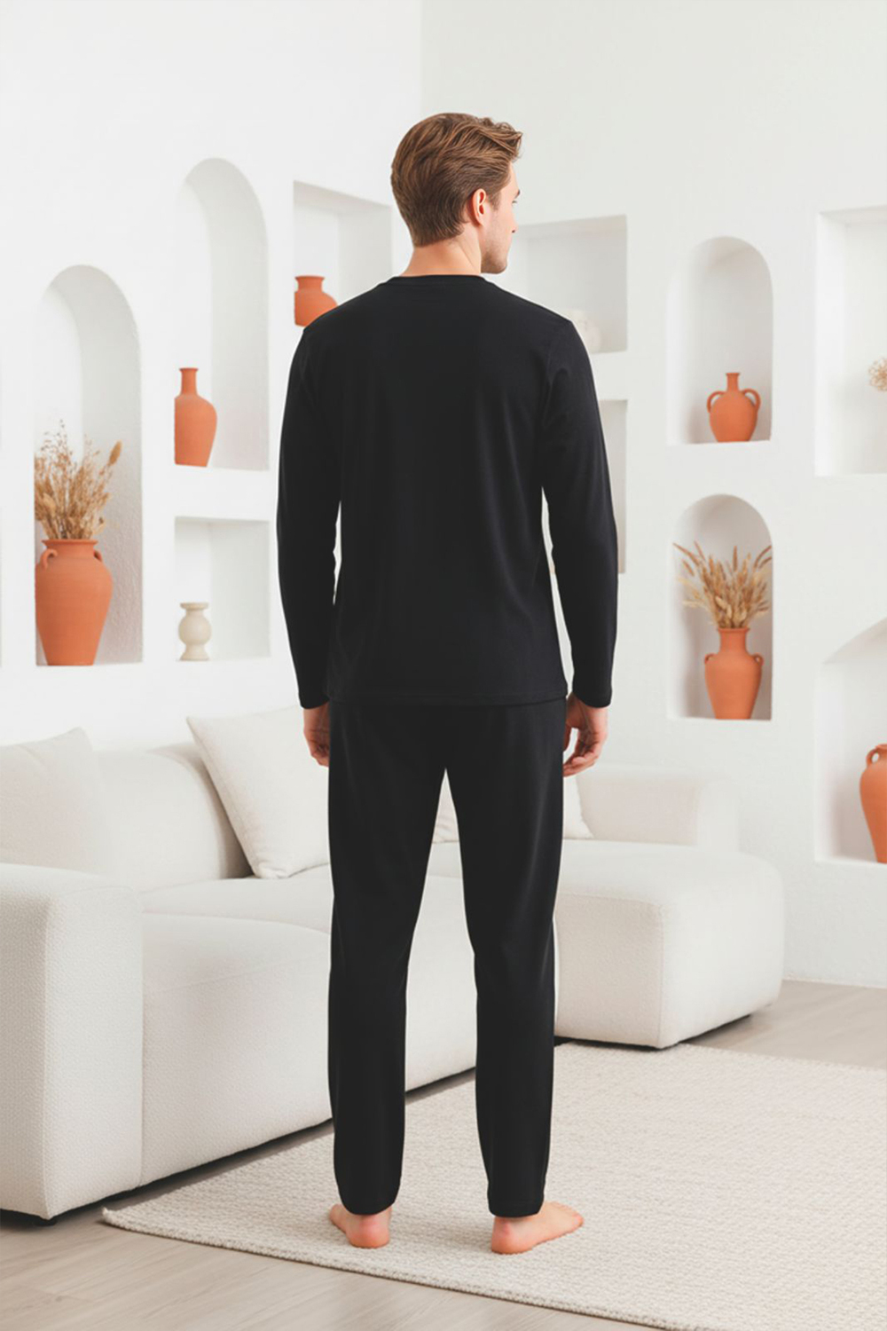 Erkek Uzun Kollu 4 Mevsim Penye Süprem Önü Patlı Pijama Takımı | Siyah 801