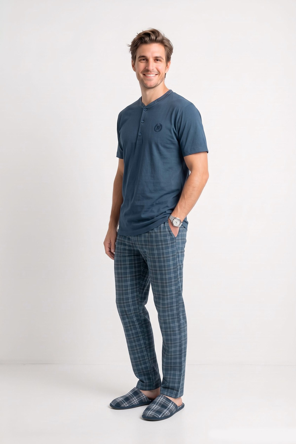Erkek Genç %100 Pamuk Önü Patlı Pijama Takımı | Füme 619