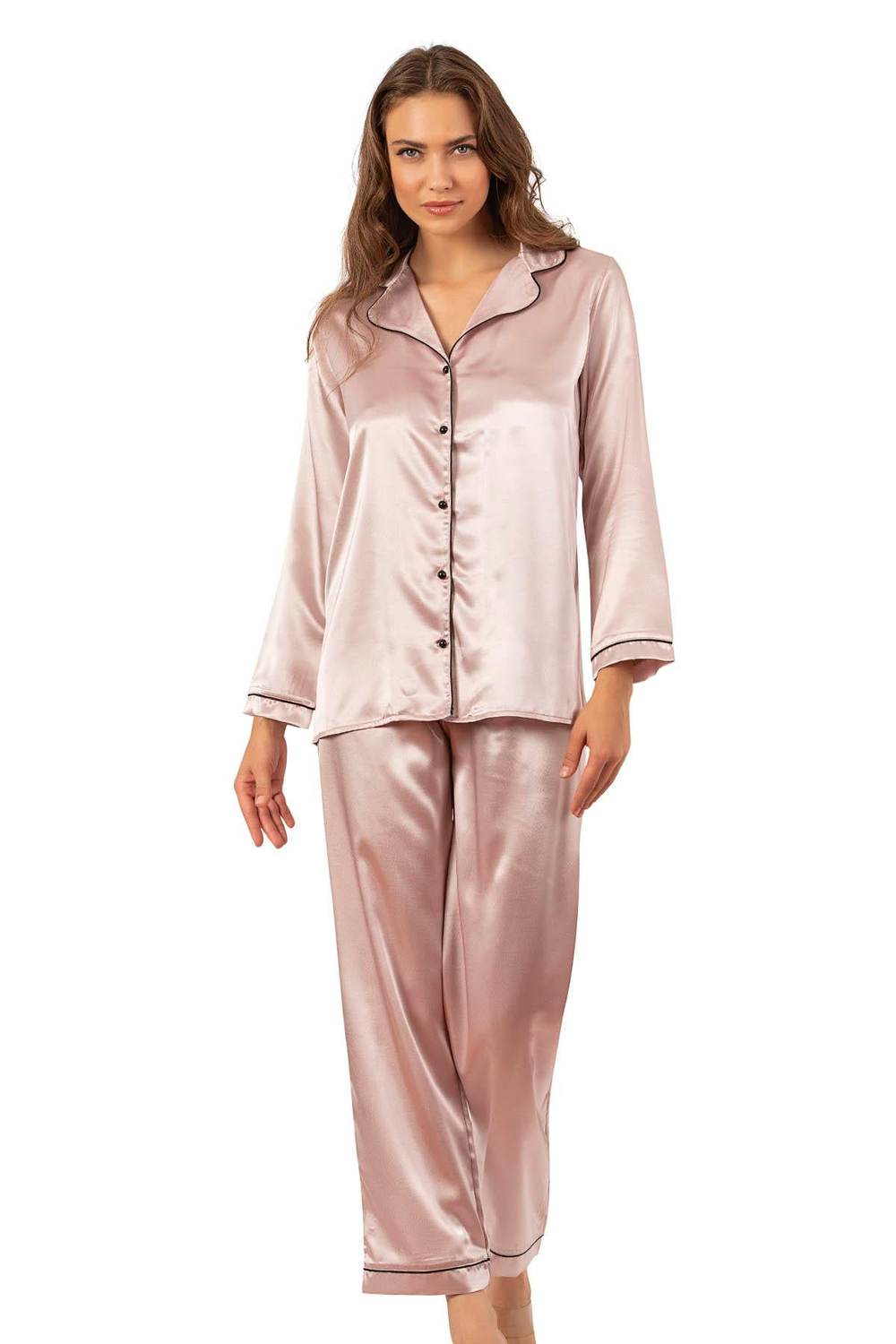 Biyeli Uzun Kol Saten Önden Düğmeli Pijama Takımı | Pudra 7647