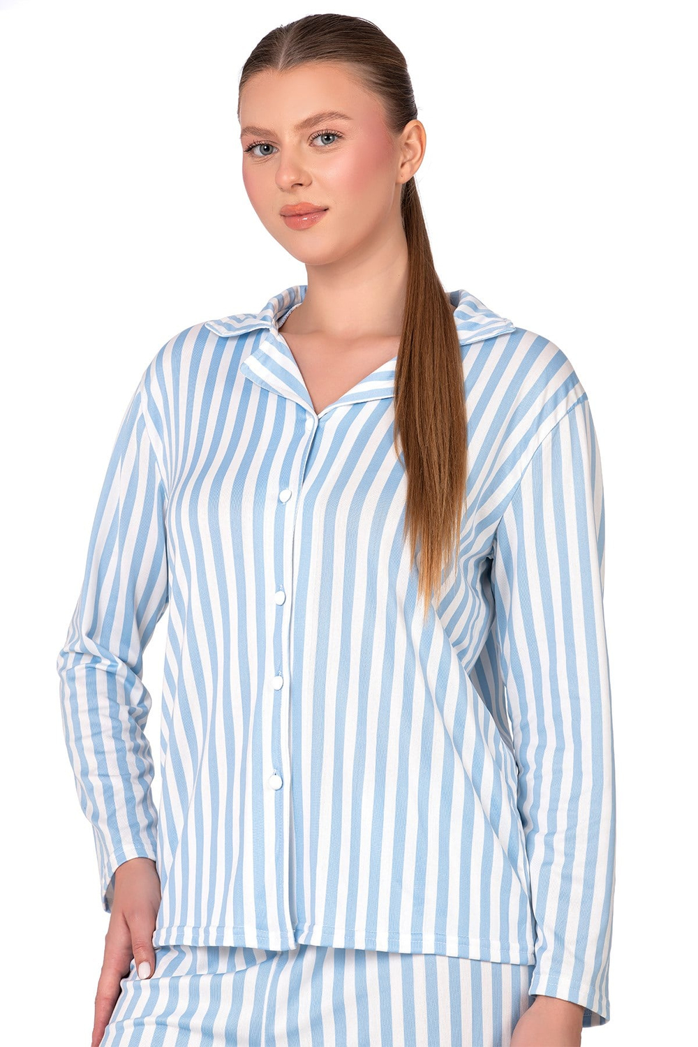 Mavi Çizgili Lizbon Kumaş İçi Şardonlu Önden Düğmeli Kadın Pijama Takımı