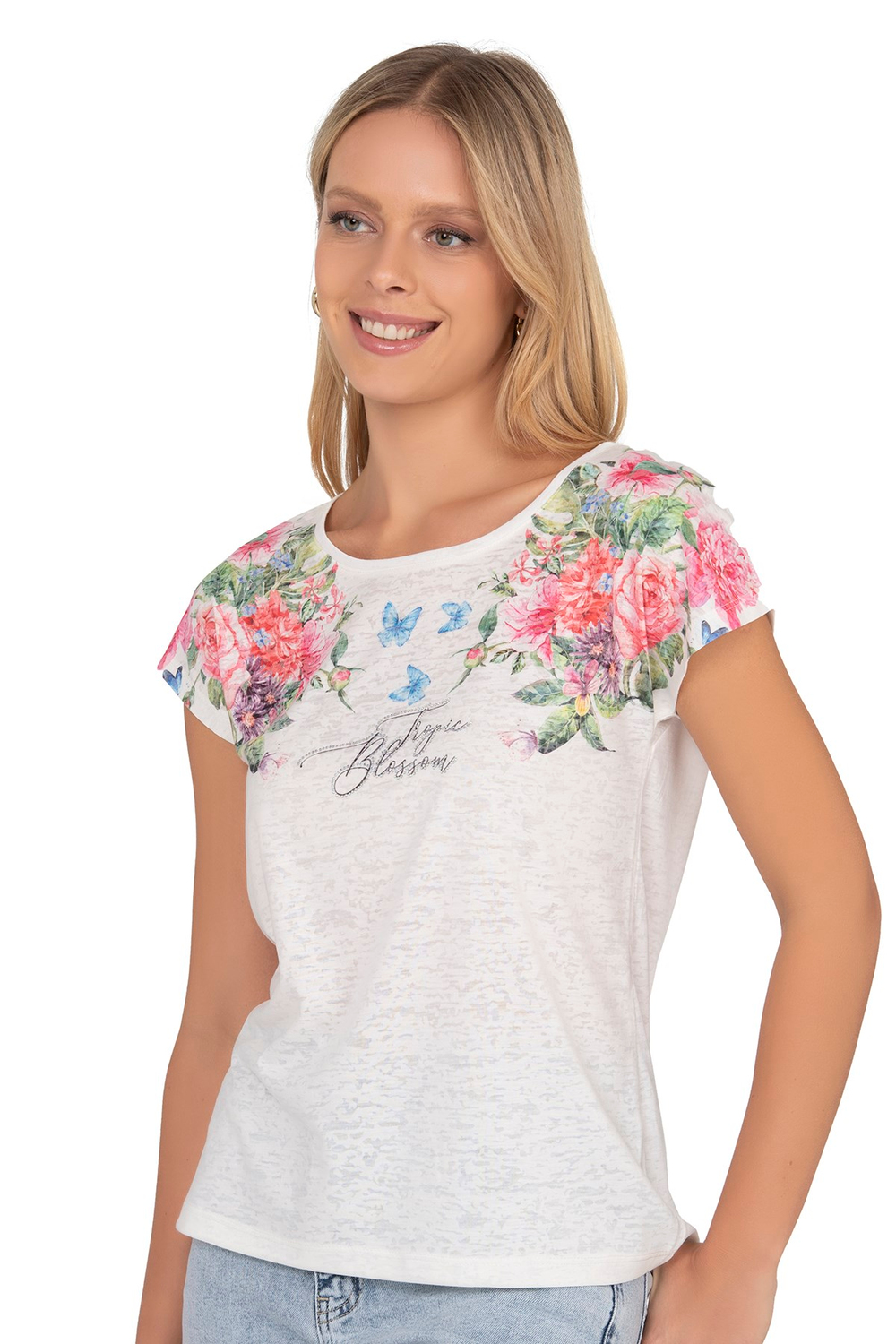 Kadın Floral Desenli Yazı Detaylı Bluz | Ekru 25792