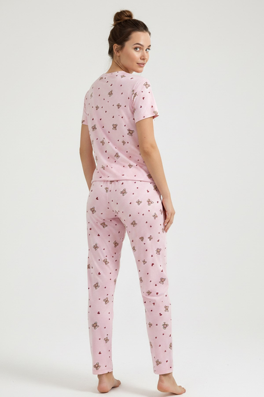 Kadın Bisiklet Yaka Yumuşak Dokulu Ayıcık Desenli Kısa Kol pijama Takım | Pembe 70132-4603