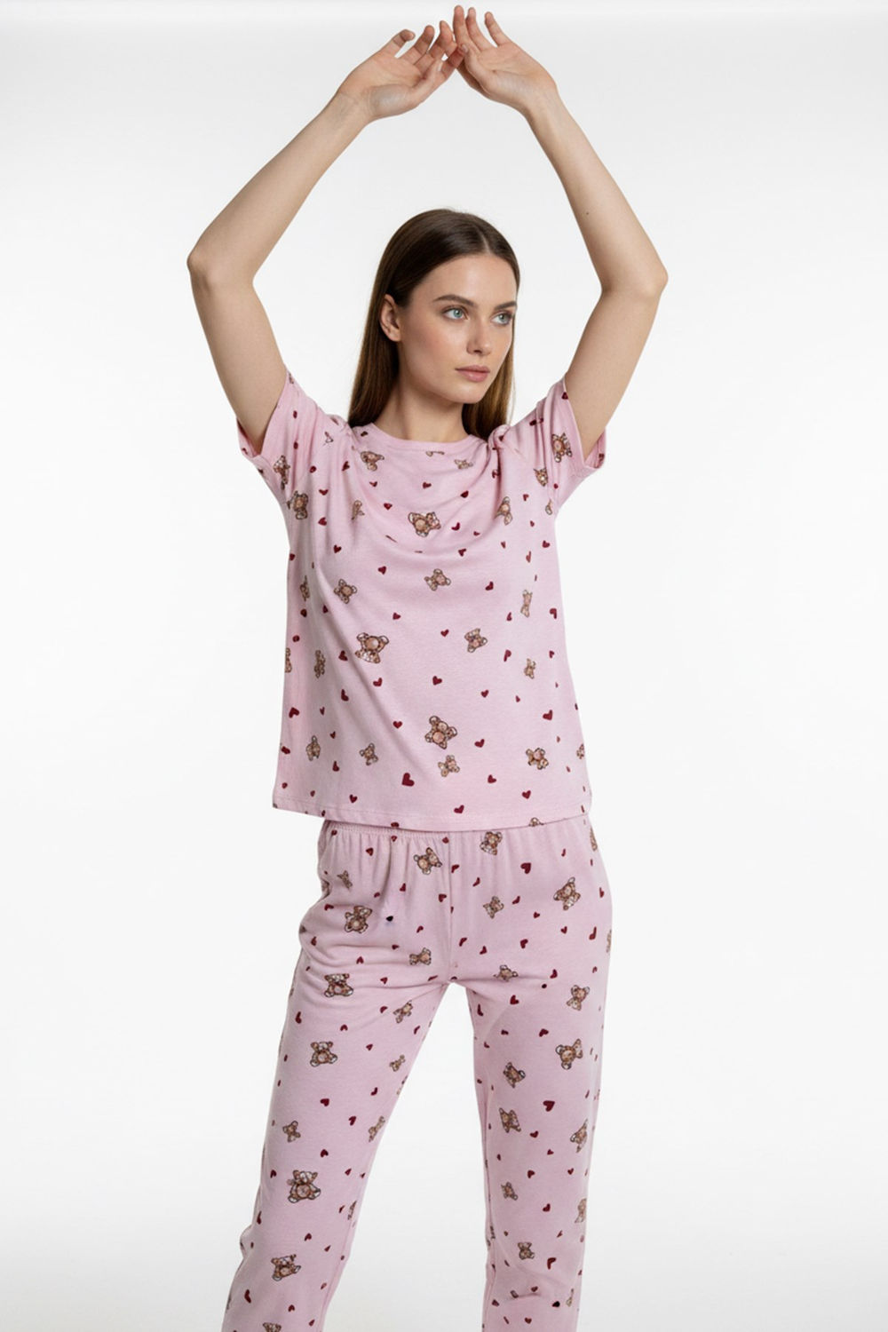 Kadın Bisiklet Yaka Yumuşak Dokulu Ayıcık Desenli Kısa Kol pijama Takım | Pembe 70132-4603