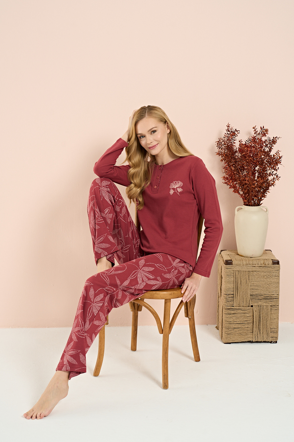Kadın İnterlok Genç Desenli Önü Patlı Pijama Takım | Kırmızı 3211