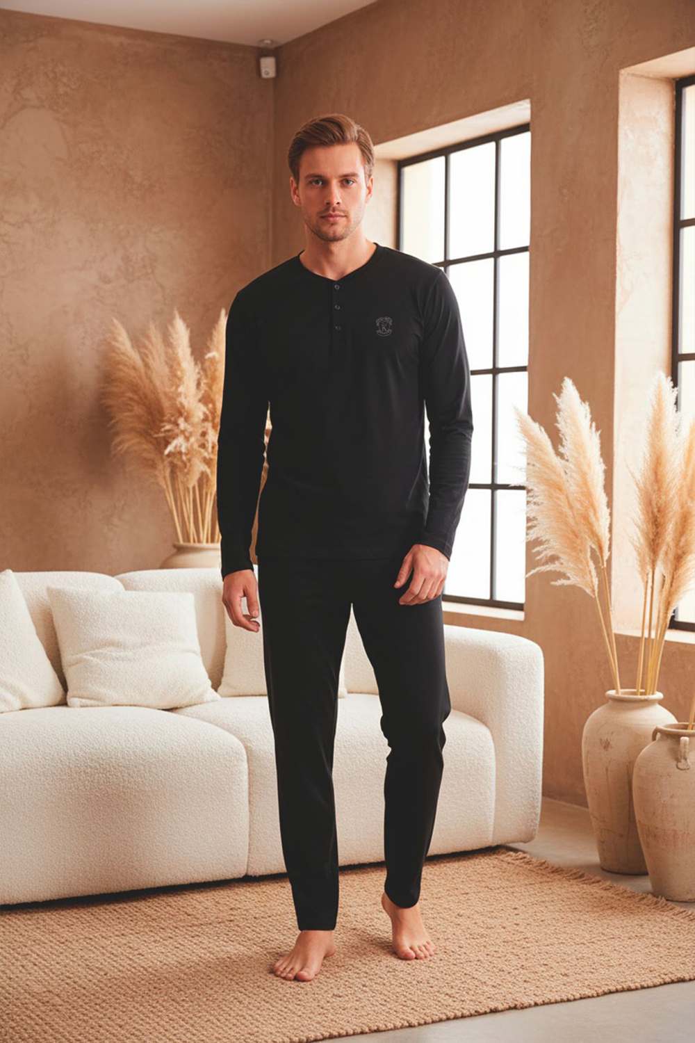 Erkek Uzun Kollu 4 Mevsim Penye Süprem Önü Patlı Pijama Takımı | Siyah 801